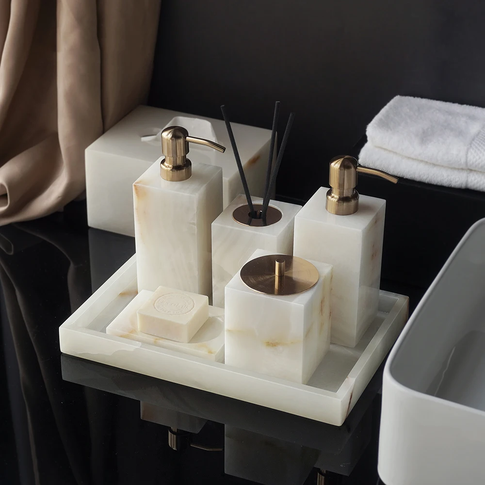 Zara Home Bathroom - Weißer Onyx Naturmarmor Badezimmer-Accessoires-Set Eleganter Seifenspender