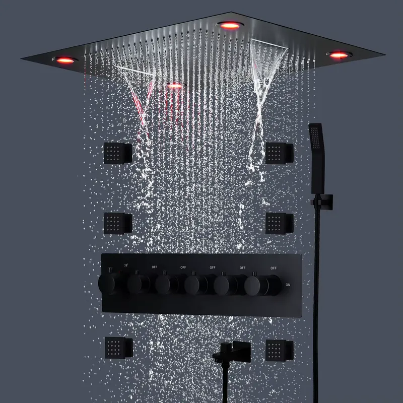 Shower Head Rain - Schwarzes Duschkopf-Set mit Thermostatmischer, Hochleistungs-Regendusche 800x600mm,