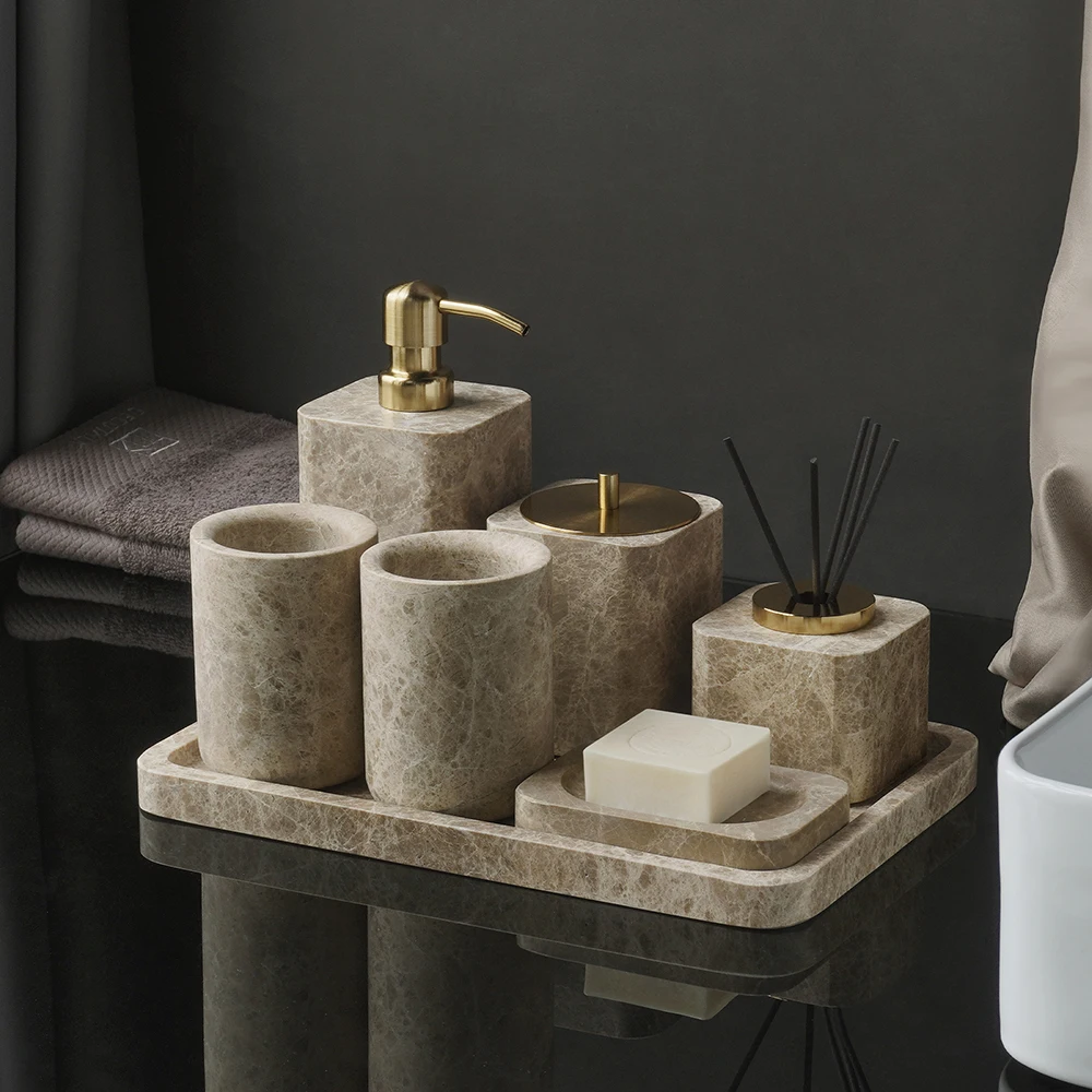 Zara Home Bathroom - Emperador Light Naturmarmor Badezimmer-Accessoires-Set Seifenschale Seifenhalter